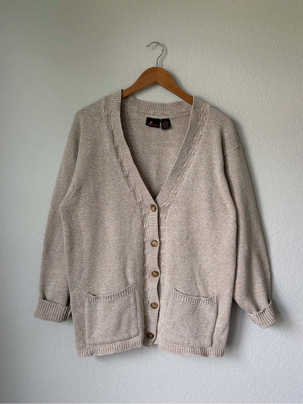 Vintage Lizsport Beige/Tan Cardigan Sweater Women’s Medium Knit 100% Cotton